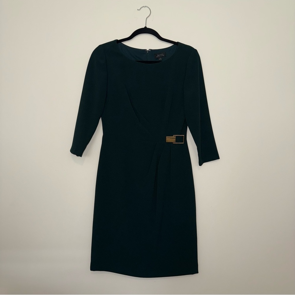 Tahari ASL Dark Green Dress with Gold Accent, Lined, Back Zip, Long Sleeve